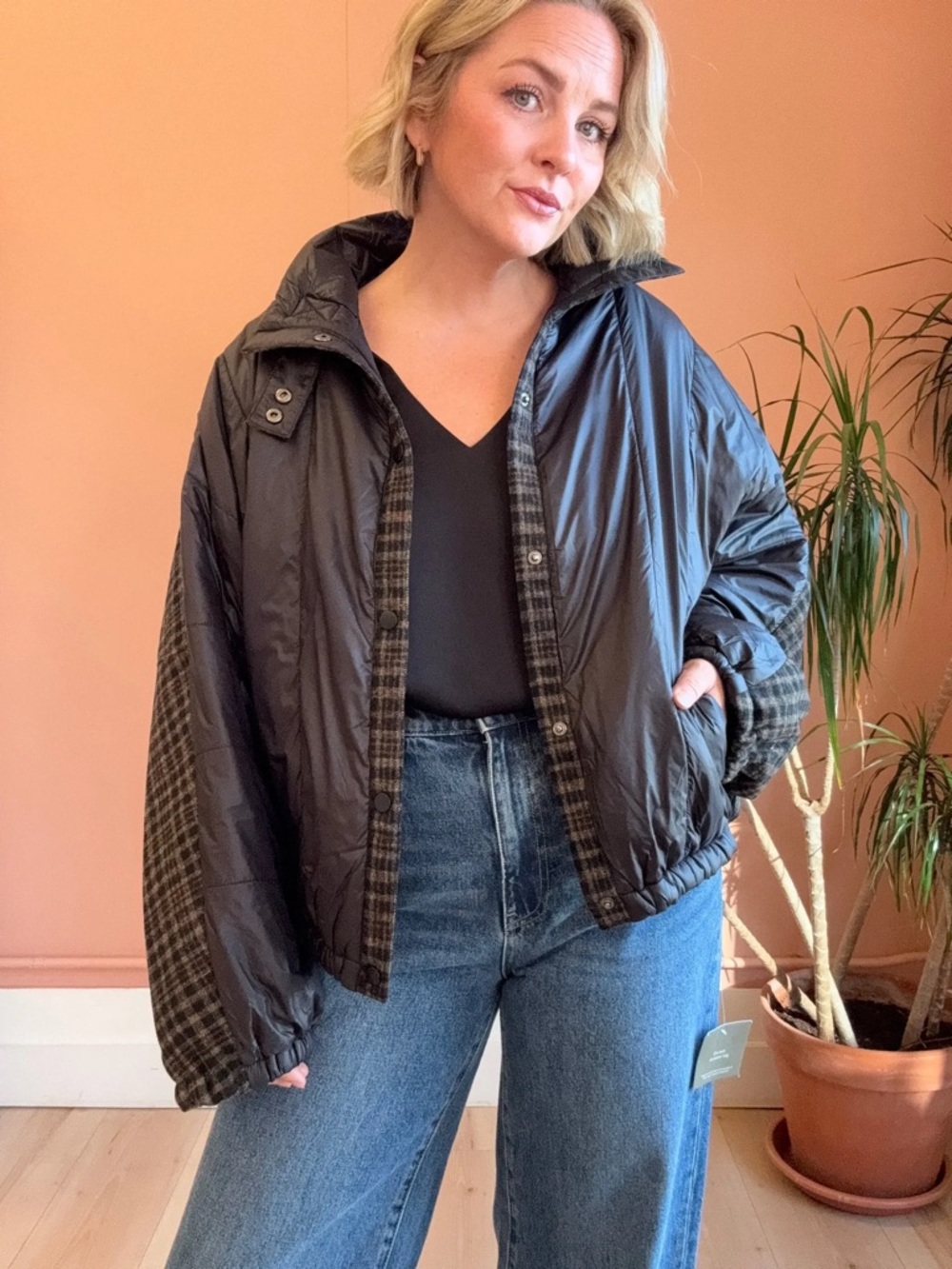 Greylin Black Bomber Jacket with Plaid Trim